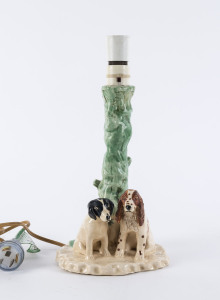 Australian pottery lamp base with two dogs, circa 1930s, incised "SPOLTIE, TROY", 33cm high