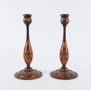 A pair of Australian pokerwork candlesticks, circa 1920s, 31.5cm high