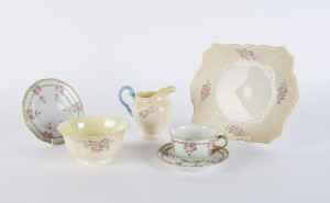 Australian hand-painted tea ware on English and German porcelain blanks, early 20th century, signed "M.E. Gum", (6 items). the jug 11cm high