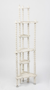 Australian Folk Art depression era cotton reel corner wotnot with white painted finish, circa 1890s, 142cm high, 41cm wide, 25cm deep