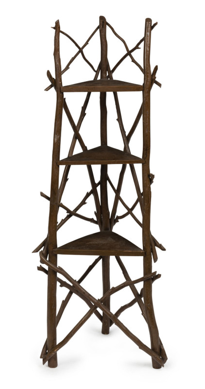 Australian Folk Art twig and branch construction corner wotnot with original brown painted finish, circa 1900, 127cm high, 50cm wide, 39cm deep