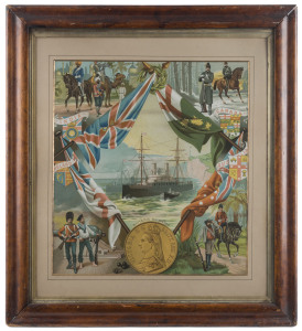 "BRITAIN'S BULWARKS, England, India, Canada, Australia", colour lithograph print in birdseye maple frame, late 19th century, image size 45 x 40cm, frame 67 x 61cm overall