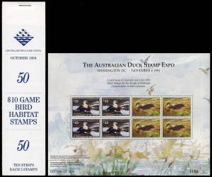 DUCK STAMPS: 1991 Aust./USA joint issue for the Duck Expo., Ltd. ED. of 1500, consists of Aust. $8 x4 & USA $15 x4 (96 numbered s/sheets); New Zealand 1993 Fish & Game Council numbered s/sheet $10 x20 (25),  1994 NZ Fish & Game Council numbered imperforat