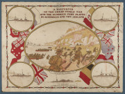 GALLIPOLI souvenir scarf "A Souvenir Of The Great World War And The Glorious Part Played By Australia And New Zealand" with flags and scene of the Gallipoli landing and the wreck of the Emden after her fight with The Sydney of the Cocos Islands. Housed i - 2