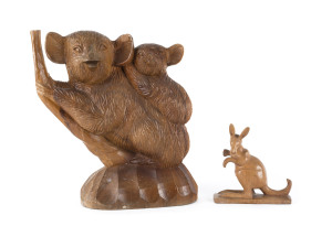 Carved timber koala figural group and a kangaroo statue, mid 20th century, (2 items), 38cm and 18cm high