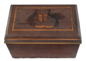 Australiana workbox with inlaid coat of arms, cedar, blackwood and pine with blue silk lined interior and lift out cedar tray, late 19th century, 17cm high, 29cm wide, 17.5cm deep