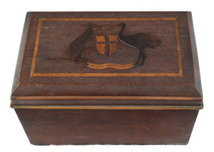 Australiana workbox with inlaid coat of arms, cedar, blackwood and pine with blue silk lined interior and lift out cedar tray, late 19th century, ​17cm high, 29cm wide, 17.5cm deep