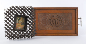 Crown of thorns picture frame, together with a chip carved "Good Luck" serving tray, late 19th and early 20th century, (2 items), the frame 33 x 30cm, the tray 60cm across the handles