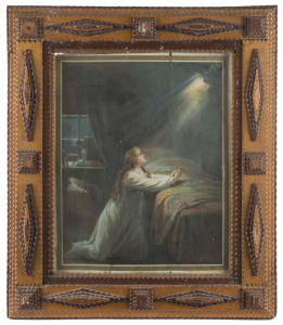 Australian tramp art picture frame with colour lithograph, carved cedar and pine, late 19th century, frame size 55 x 65cm overall, (internal size 46 x 36cm).