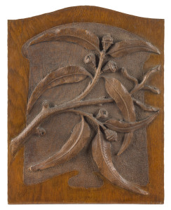 ROBERT PRENZEL (school of), carved timber panel with gumnuts and leaves, early 20th most likely originally a panel from a wardrobe or sideboard back, 39 x 30cm