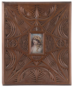 Australian chip carved picture frame with lithograph portrait of a woman, early 20th century, 55 x 44cm