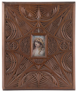 Australian chip carved picture frame with lithograph portrait of a woman, early 20th century, ​55 x 44cm