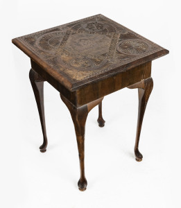An Australian chip carved blackwood table with coat of arms emblazoned "1911, Advance Australia", 60cm high, 45cm wide, 46cm deep