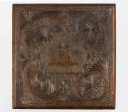 An Australian chip carved blackwood table with coat of arms emblazoned "1911, Advance Australia", ​60cm high, 45cm wide, 46cm deep - 2