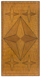 Matchstick art inlaid table top, mid 20th century, together with a "Weekly Times" facsimile advertisement, (2 items), 90 x 46cm and 58 x 40cm
