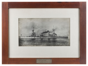 H.M.A.S. AUSTRALIA silver gelatin Imperial War Museum photograph, framed with silver plaque "H.M.A.S. AUSTRALIA, First Flag Ship of The Royal Australian Navy 1913-1920, Sunk Under Terms Of The Washington Treaty, 12th April 1924. This Frame Is Of Teak From