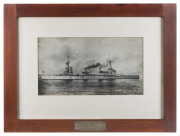 H.M.A.S. AUSTRALIA silver gelatin Imperial War Museum photograph, framed with silver plaque "H.M.A.S. AUSTRALIA, First Flag Ship of The Royal Australian Navy 1913-1920, Sunk Under Terms Of The Washington Treaty, 12th April 1924. This Frame Is Of Teak From