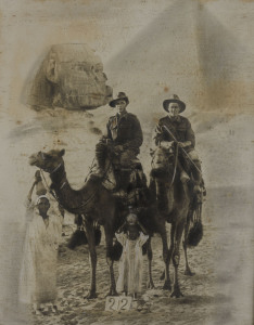 WW1 period photo of two Australian soldiers on camels in front of the Sphinx and the Great Pyramid in Cairo, image size 50 x 40cm