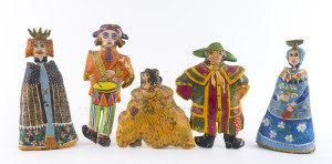 ANGIE PEPPERELL (School of MIRKA MORA), Five hand-painted dolls in costume, circa 1970s, the tallest 32cm high