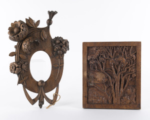 An Australian carved timber panel and floral picture frame, late 19th and early 20th century, the larger 35cm high