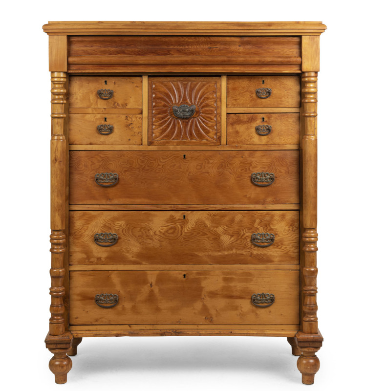 A Colonial huon pine eight drawer chest with turned columns, South Australian origin, 19th century, ​143cm high, 110cm wide, 53cm deep