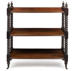 An Australian blackwood dumbwaiter with bobbin turned columns, 19th century, 126cm high, 114cm wide, 51cm deep