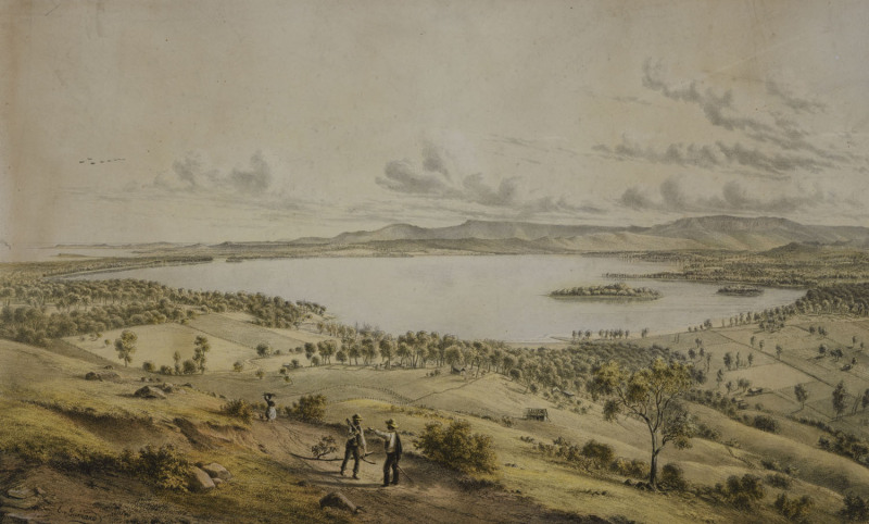 EUGENE VON GUERARD (1811-1901), Lake Illawarra New South Wales, colour lithograph, signed in plate lower left, title and blind embossed seal lower centre margin, ​34 x 55cm
