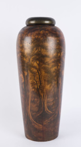 An impressive hand-painted pokerwork lamp base, huon pine, circa 1930, 61cm high