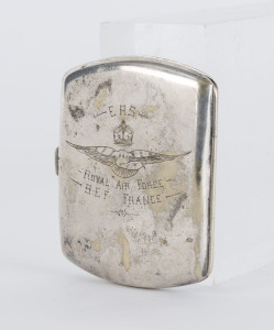 R.A.F. silver plated cigarette case, engraved "ERS, ROYAL AIR FORCE B.E.F. FRANCE", ​9cm high