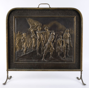 An embossed brass fire screen after Emanuel Phillips Fox "Captain Cook Landing At Botany Bay, circa 1770", early 20th century, ​76cm high, 75cm wide,