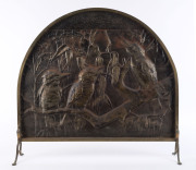 An embossed brass fire screen with laughing kookaburras, early 20th century, ​67cm high, 75cm wide,