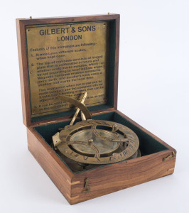 GILBERT & SONS London, brass sundial compass in timber case, 20th century, ​19cm diameter