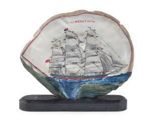 ORONTES sailor's folk art hand-painted pearl shell on timber stand, 19th century, 19cm high overall