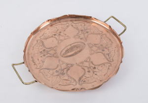 Parliament House Canberra commemorative serving tray, solid copper with brass handles, circa 1927, 44cm across