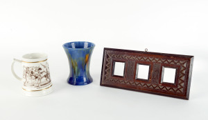 Bendigo pottery blue glazed vase, cricket porcelain tankard and a folk art picture frame, (3 items), the vase 16cm high