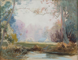 WILLIAM DELAFIELD COOK SNR. (1861-1931), river and farm scene in landscape, gouache and watercolour, signed lower left "Del. Cook", ​20 x 26cm