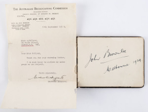 MISCELLANY OF SIGNATURES: collected between 1938-40 in small autograph book noting actor Leslie Howard, actress Nina Golovina, opera singer John Brownlee, Danish ballet dancer & film art director Paul Petroff, tennis player Don Budge, English Test cricketer Les Wyatt; also Malcolm Sargent (British conductor) on ABC (Brisbane) letterhead (approx 100 signatures)