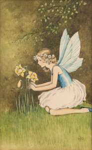 IDA RENTOUL OUTHWAITE (1888-1960), fairy with daffodils, watercolour, signed lower right "I.R.O.", 17 x 11cm