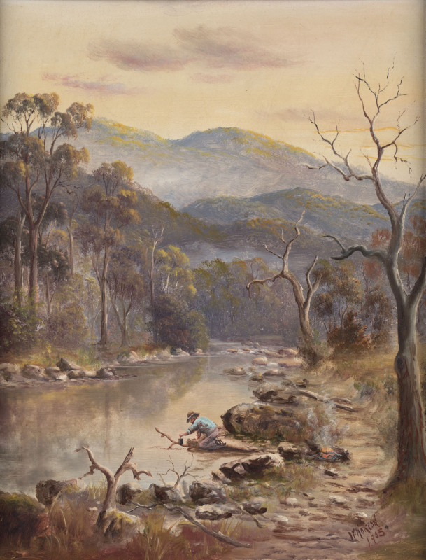JOHN F. NORTON (working 1890s-1930s), swagman by the river, oil on board, signed lower right "J. Norton, 1905", 47 x 37cm