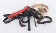 Fireman's belt with axe and spanner, fire hose and 3 Boy Scout belts, (7 items)