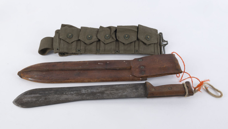 WW2 period jungle machete in leather scabbard (50cm long), and canvas bandolier belt (90cm long), (2 items) 