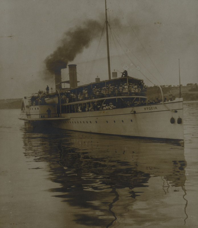 PS HYGEIA Port Phillip paddle steamer, built in 1890 by Napier, Shanks & Bell for Huddart Parker & Co. At 300 feet and 986 tons with a capacity to carry 1600 passengers she was considered one of Australia's finest passenger ships and plied the route from