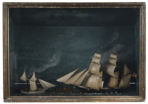 HMCS VICTORIA and THE RIP diorama, 19th century, showing the Queenscliff light house, fort and pilots shack located at the site of the present day Pilots Station. The Victoria was the first ship of war built to order by a British Colony, she was built at the Limehouse yard of Young Son & Magnay at a cost of £38,000.