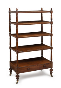 ANDREW LENEHAN Colonial five tier wotnot with single drawer, full cedar construction with finely carved tulip columns, circa 1848, circular makers label in drawer, 137cm high, 75cm wide, 42cm deep