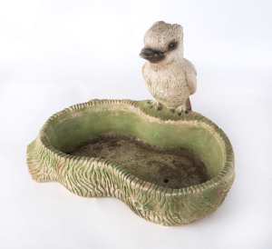CASTMASTER kookaburra garden trough, painted concrete, South Australian origin, circa 1950s, 37cm high, 52cm wide, 41cm deep