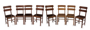 An unusual set of eight dining chairs with pressed back Putti scenes, Tasmanian blackwood, early 20th century