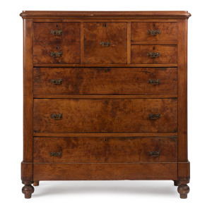 A Colonial seven drawer chest, birdseye huon pine with Baltic pine back boards, 19th century, 124cm high, 114cm wide, 47cm deep