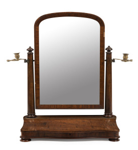 An exhibition quality vanity mirror, finely crafted in fiddleback blackwood with gilt metal sconce attachments, most likely Melbourne origin, circa 1880, ​91cm high, 69cm wide, 27cm deep
