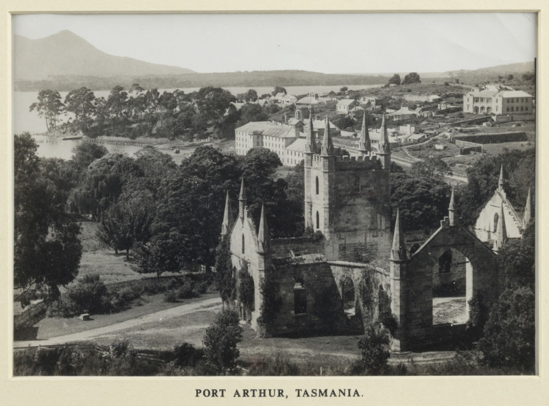 PORT ARTHUR convict settlement albumen photographic print by BEATTIE of Hobart, circa 1900, note the roof of the penitentiary is still intact and the remains of the old wharf can still be seen. 14.5 x 20cm