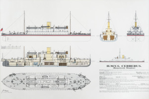 H.M.V.S. CERBERUS (Breastwork Monitor) facsimile colour lithograph plans, framed and glazed, 43 x 63cm